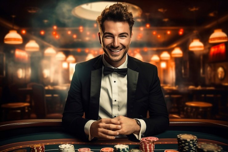 Antarmuka permainan live dealer dengan dealer di satu sisi dan kontrol taruhan di sisi lain